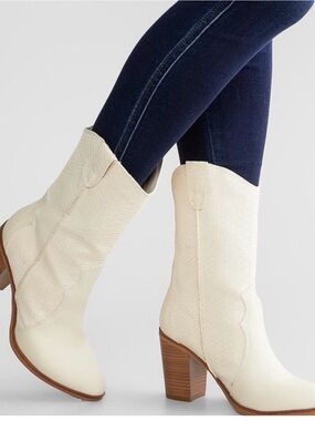 MIA Cream Western Mid-Calf Block Heel Boots